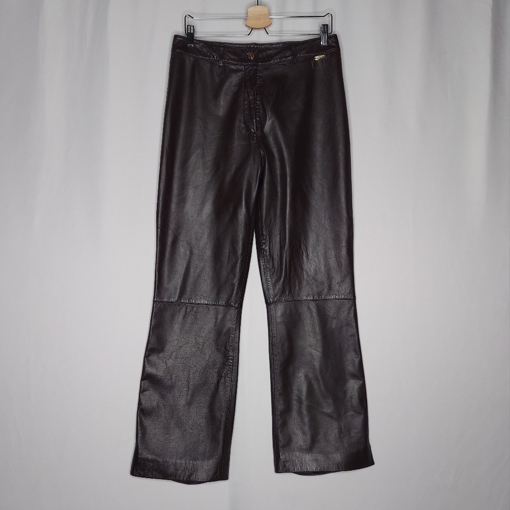 St John Leather Pants Women 12 Brown Stretch Vtg 90s 00s Straight Zip No-Pockets